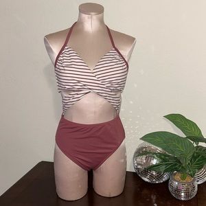 PINK VS Cutout swimsuit with criss cross one piece striped with light maroon